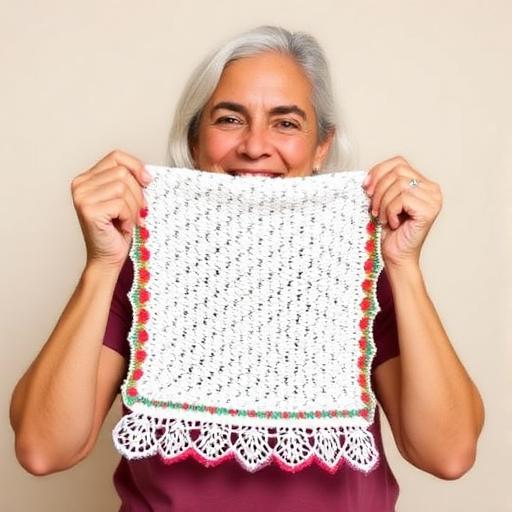 Mulher segurando um pano de prato de croche feito a mao